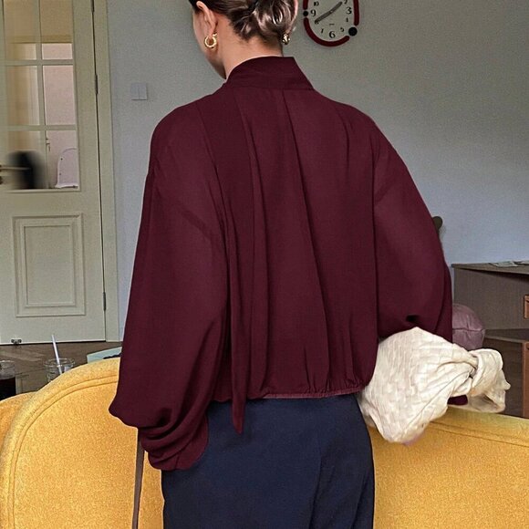 Burgundy Casual Women's Loose Fit Long Sleeve Tie Blouse - Picture 2 of 6